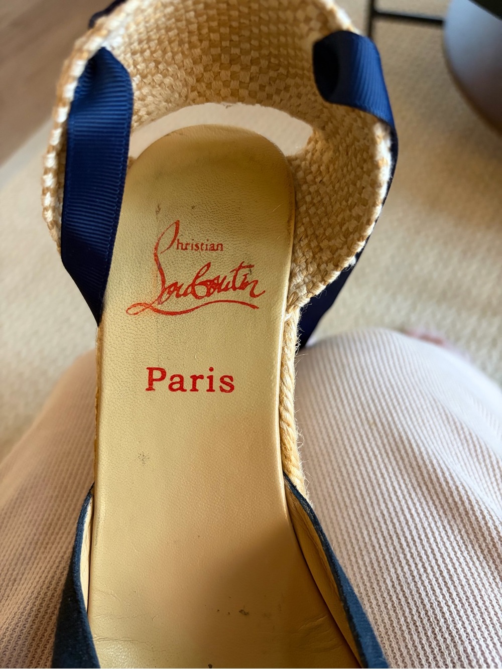 Christian Louboutin Navy Ribbon Espadrille Wedge with Embroidered Toe - Picture 4 of 5